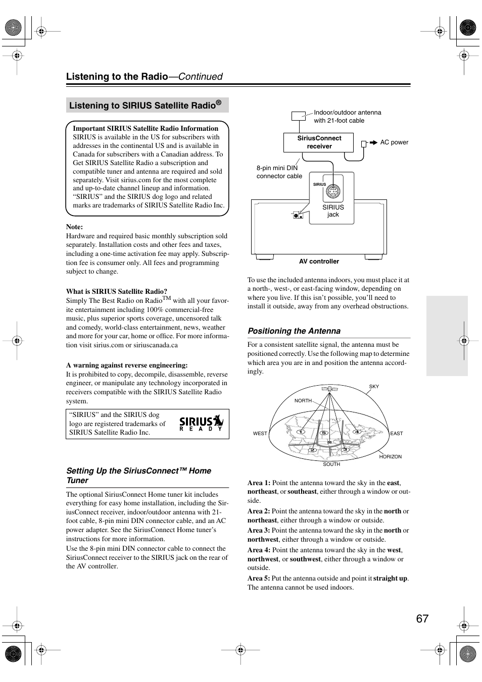 Listening to sirius satellite radio, Listening to the radio —continued | Onkyo PR-SC885 User Manual | Page 67 / 128