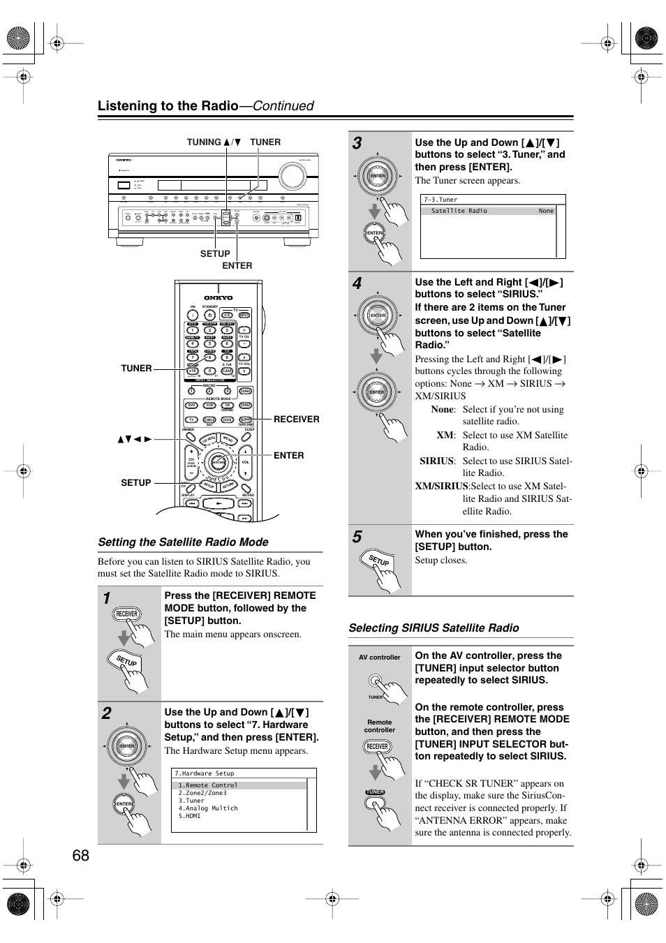 Listening to the radio —continued, Setting the satellite radio mode, Selecting sirius satellite radio | Onkyo PR-SC885 User Manual | Page 68 / 128