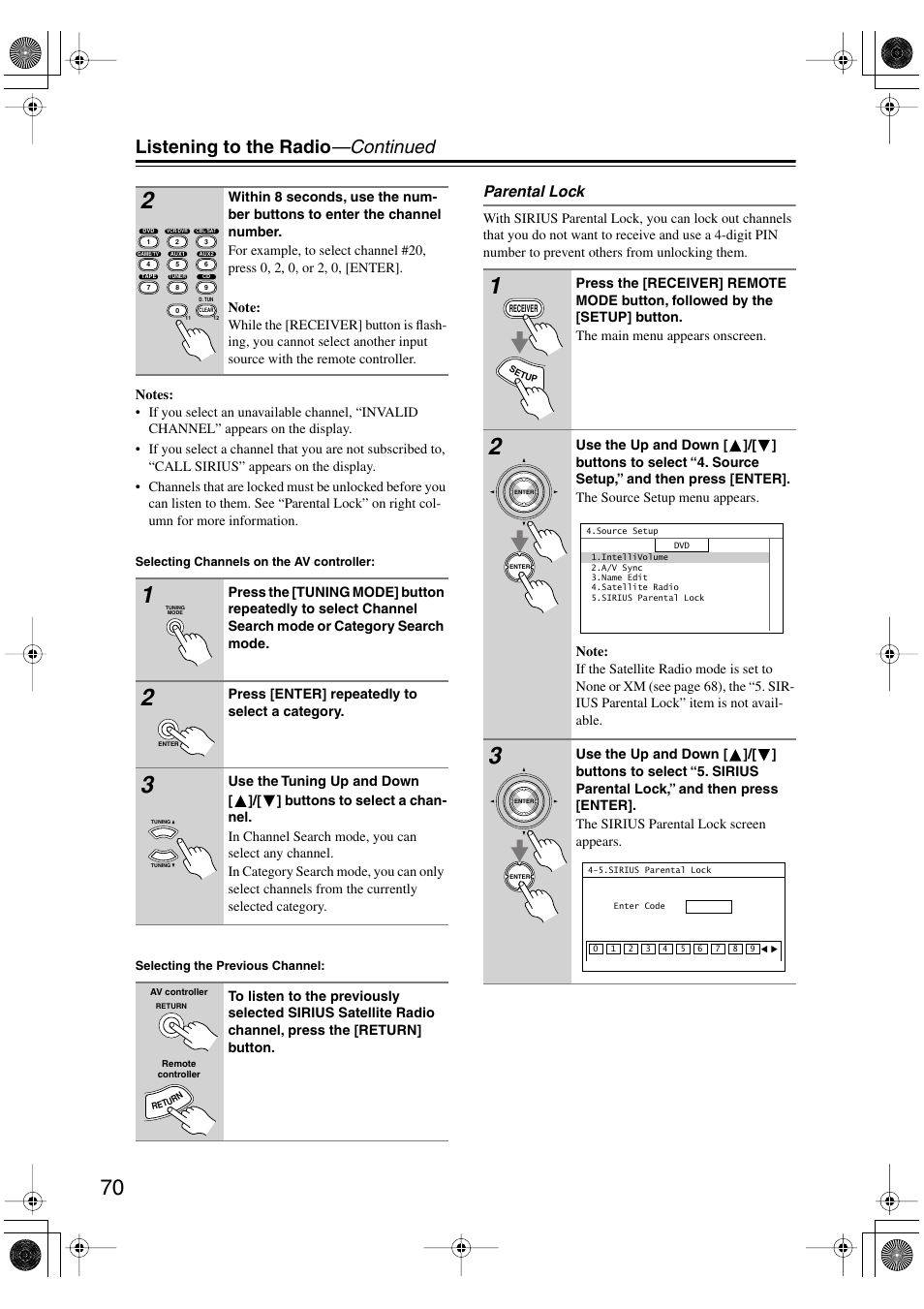 Listening to the radio —continued, Parental lock | Onkyo PR-SC885 User Manual | Page 70 / 128
