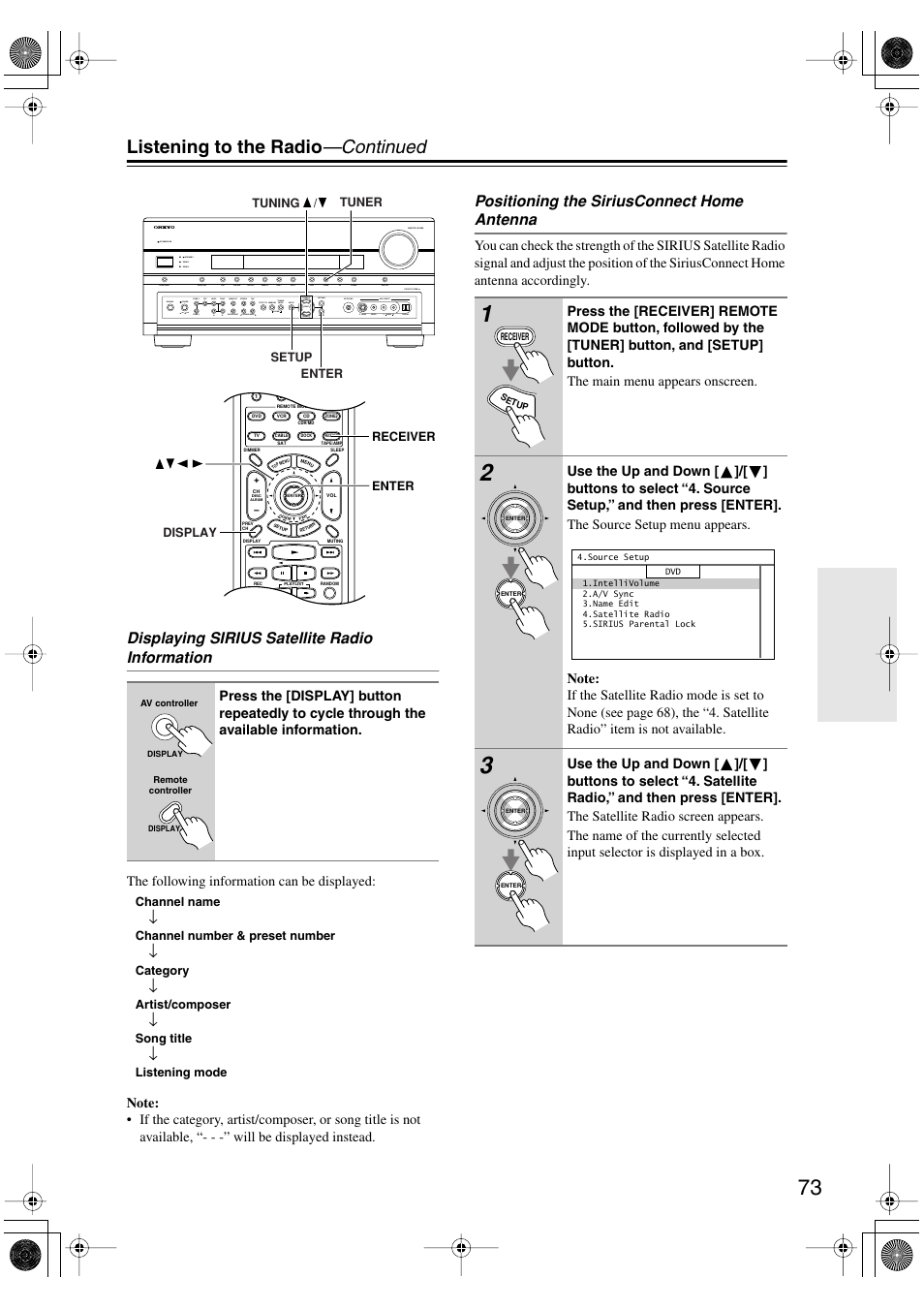 Listening to the radio —continued, Displaying sirius satellite radio information, Positioning the siriusconnect home antenna | Onkyo PR-SC885 User Manual | Page 73 / 128