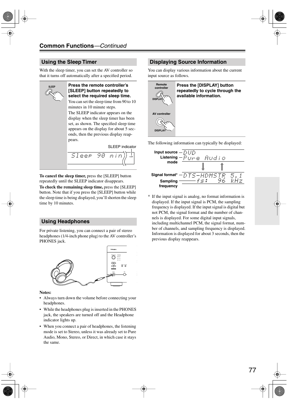 Using the sleep timer, Using headphones, Displaying source information | Utton (77), K (77), Sleep indicator (77), Headphone indicator (77), Common functions —continued | Onkyo PR-SC885 User Manual | Page 77 / 128