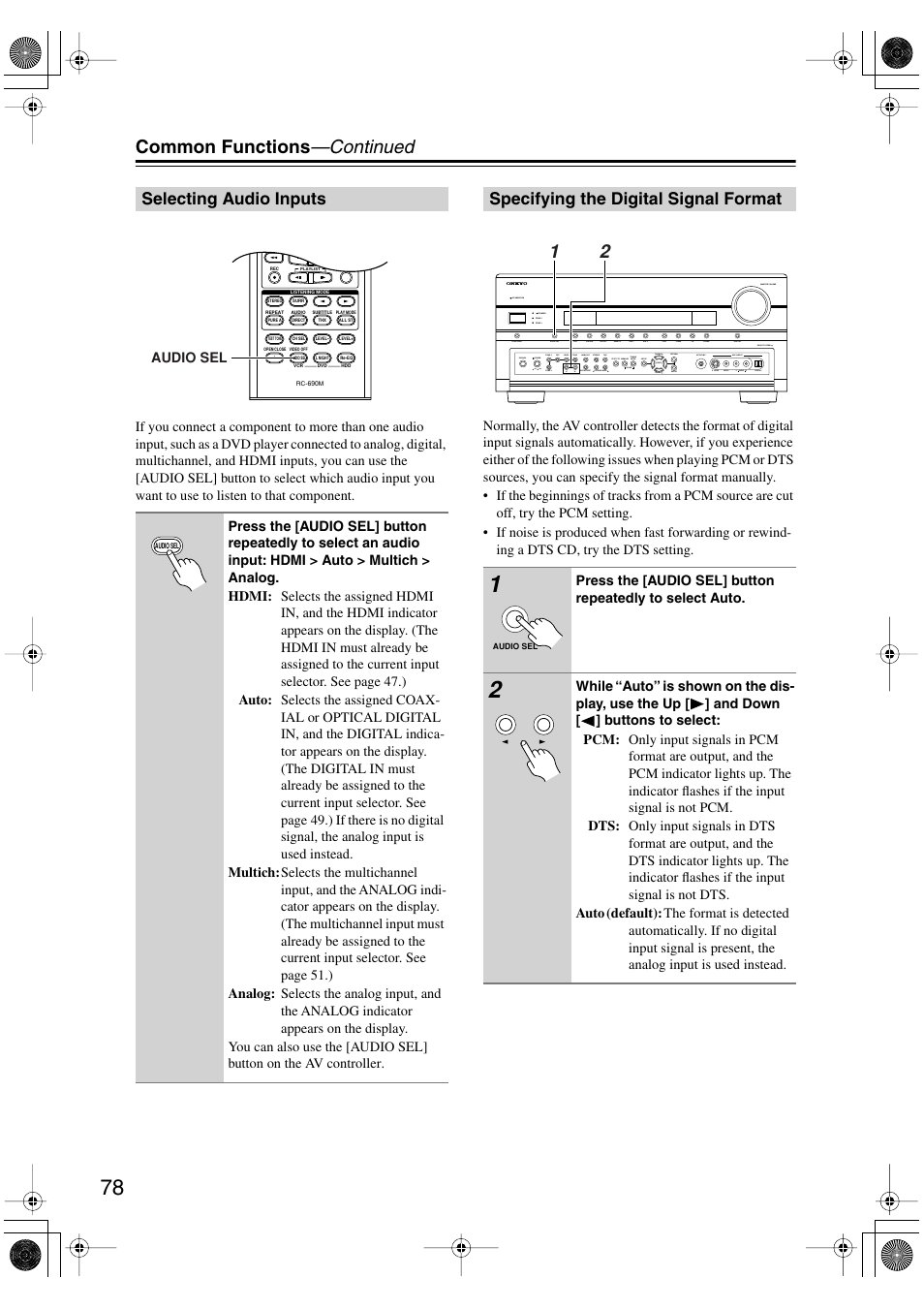 Selecting audio inputs, Specifying the digital signal format, Utton (78) | Common functions —continued | Onkyo PR-SC885 User Manual | Page 78 / 128