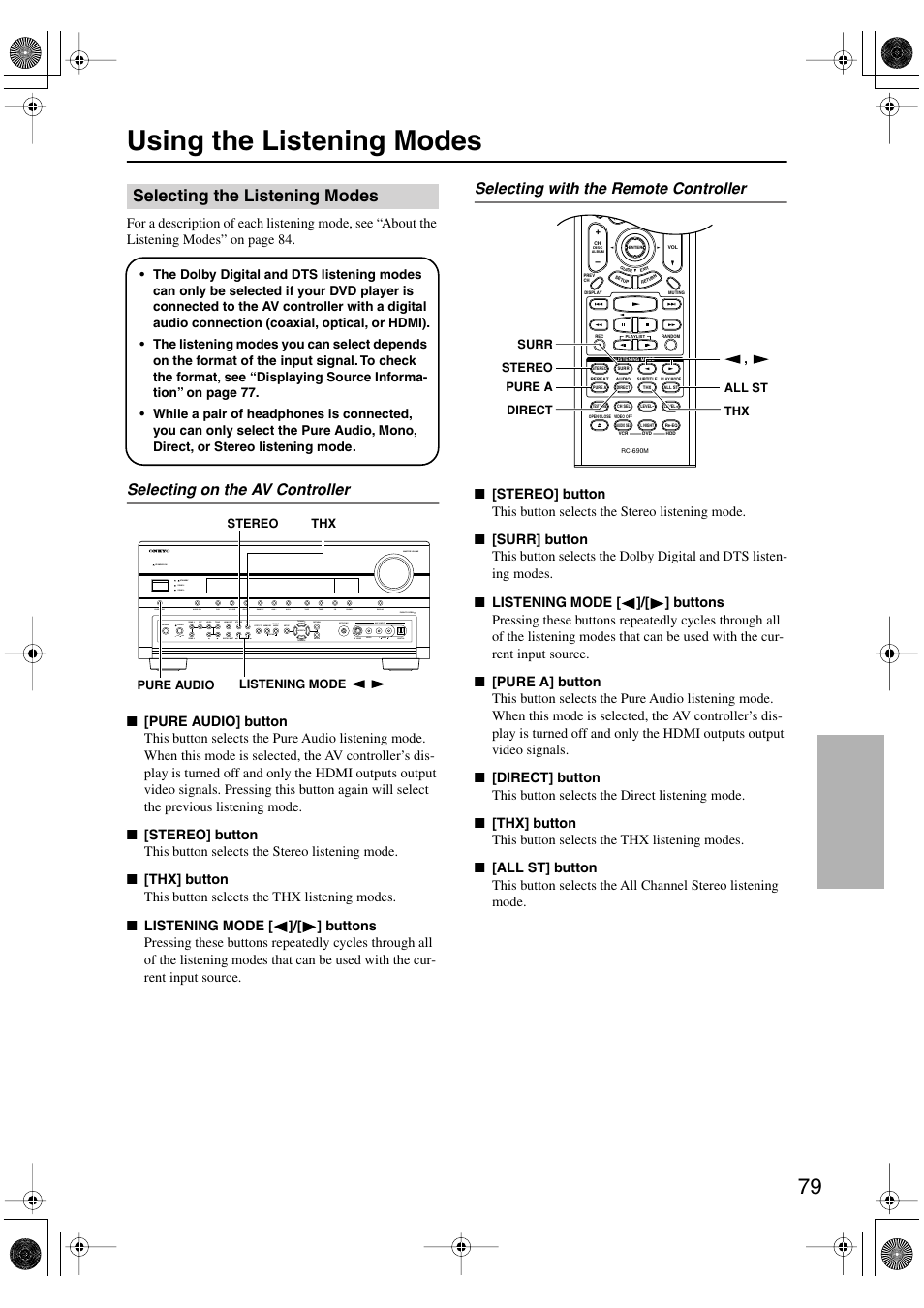 Using the listening modes, Selecting the listening modes, Enjoying the listening modes | Utton and indicator (79), Utton (79), Uttons (79), S (79), Selecting on the av controller, Selecting with the remote controller | Onkyo PR-SC885 User Manual | Page 79 / 128