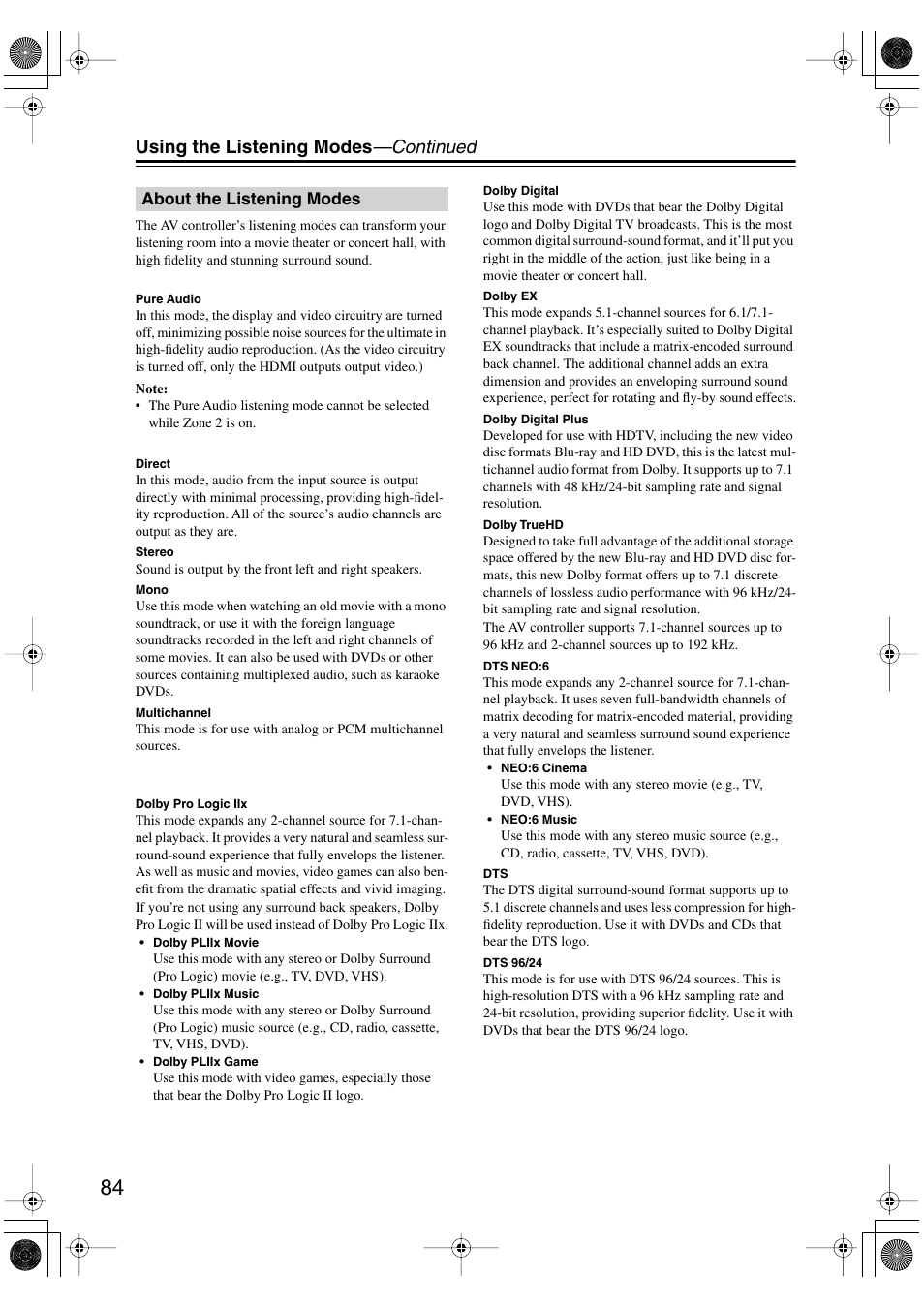 About the listening modes, S (84), Using the listening modes —continued | Onkyo PR-SC885 User Manual | Page 84 / 128