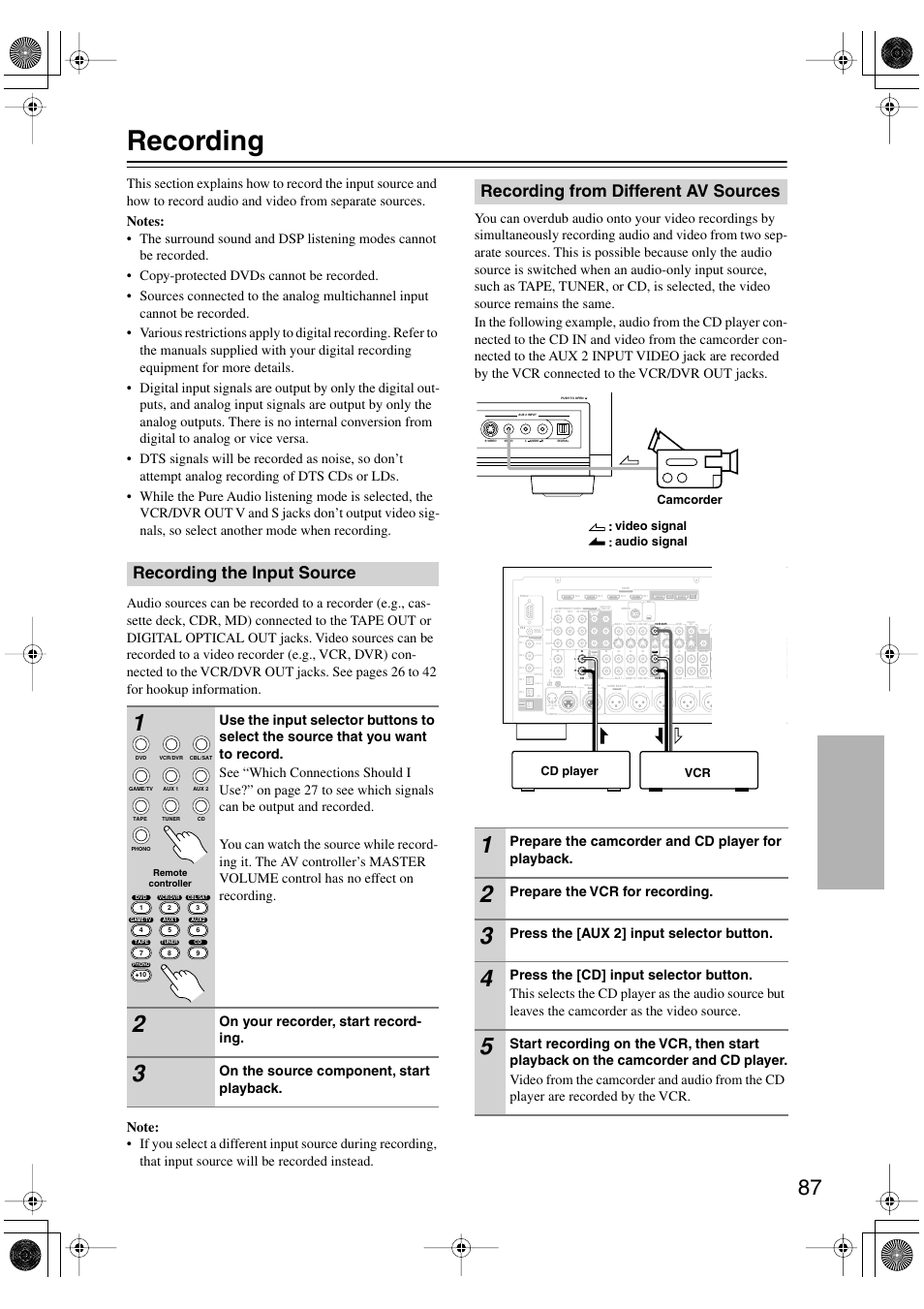 Recording, Recording the input source, Recording from different av sources | On your recorder, start record- ing, On the source component, start playback, Prepare the camcorder and cd player for playback, Prepare the vcr for recording, Press the [aux 2] input selector button, Cold hot gnd 1 2 3, Bi-amp mono | Onkyo PR-SC885 User Manual | Page 87 / 128