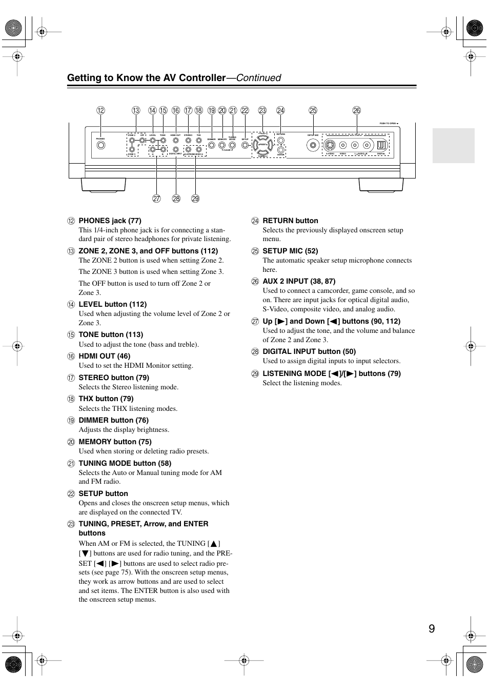 Getting to know the av controller —continued | Onkyo PR-SC885 User Manual | Page 9 / 128