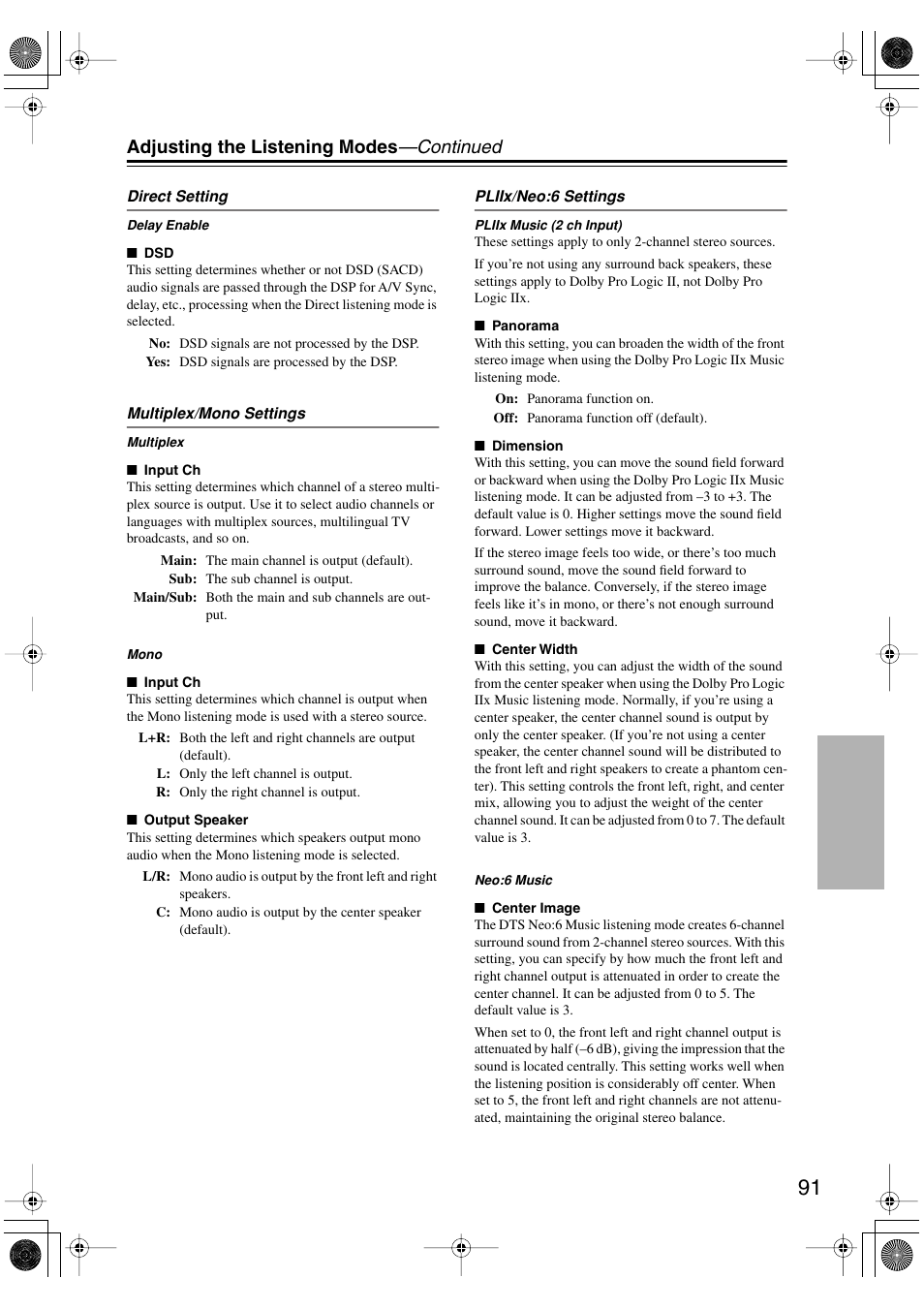 Adjusting the listening modes —continued | Onkyo PR-SC885 User Manual | Page 91 / 128