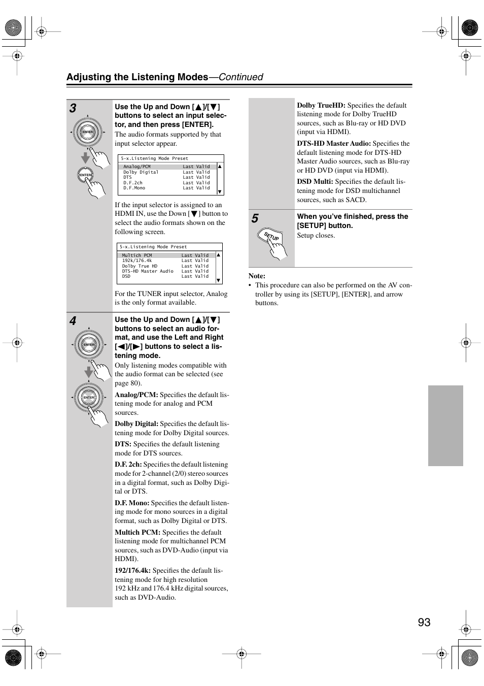 Adjusting the listening modes —continued | Onkyo PR-SC885 User Manual | Page 93 / 128