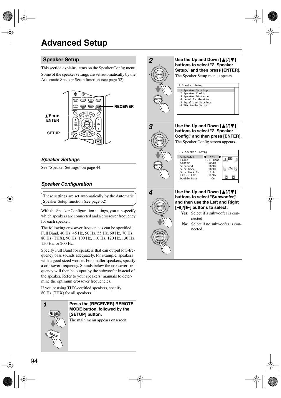 Advanced setup, Speaker setup, Advanced operation | Es 94–100, Speaker settings, Speaker configuration, See “speaker settings” on page 44 | Onkyo PR-SC885 User Manual | Page 94 / 128