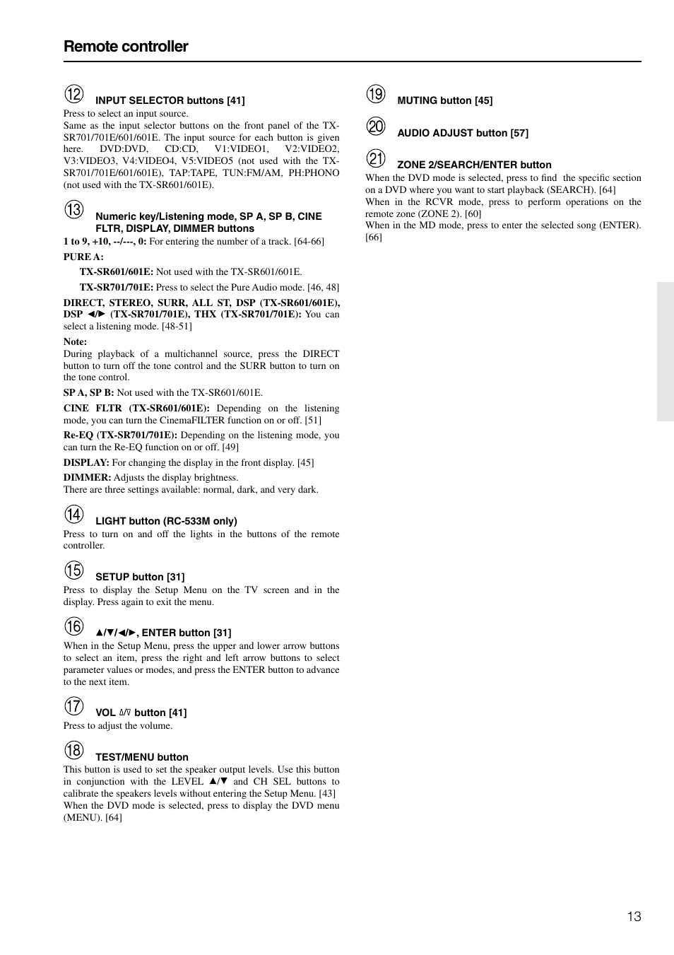 Remote controller | Onkyo TX-SR601E User Manual | Page 13 / 88