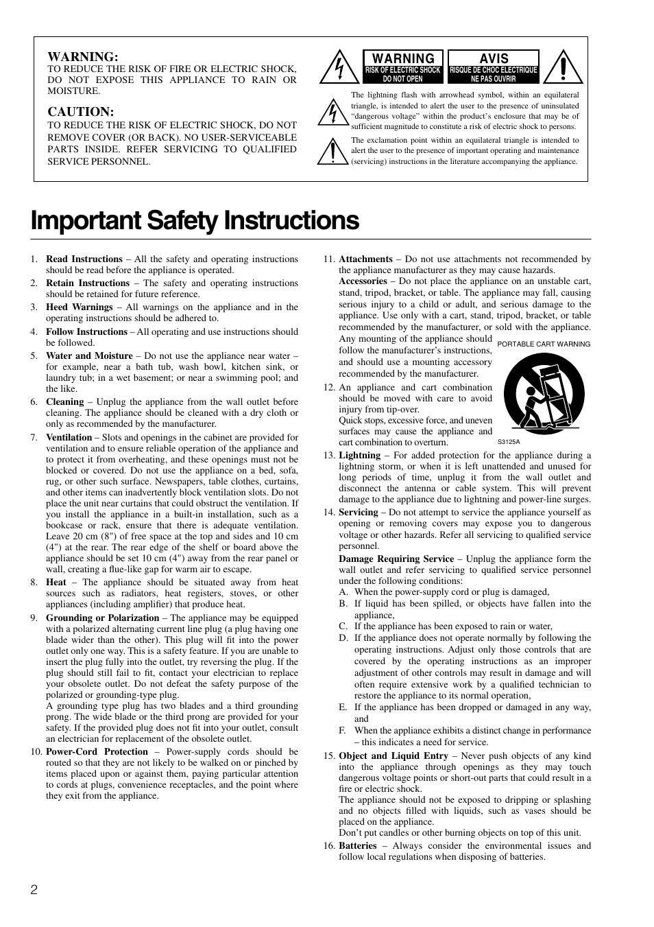 Important safety instructions, Warning, Caution | Avis | Onkyo TX-SR601E User Manual | Page 2 / 88