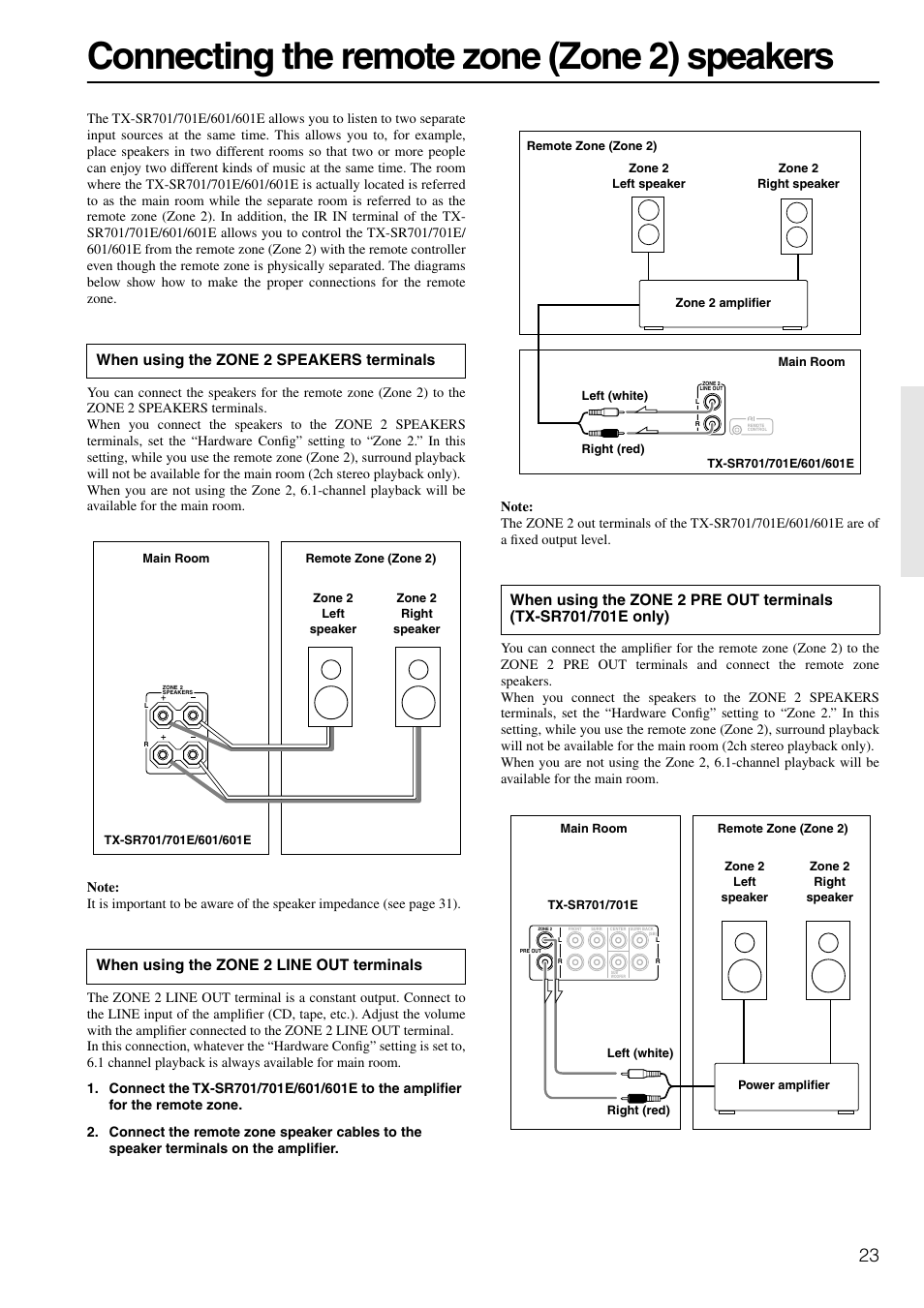 Zone 2 connection, Connecting the remote zone (zone 2) speakers | Onkyo TX-SR601E User Manual | Page 23 / 88