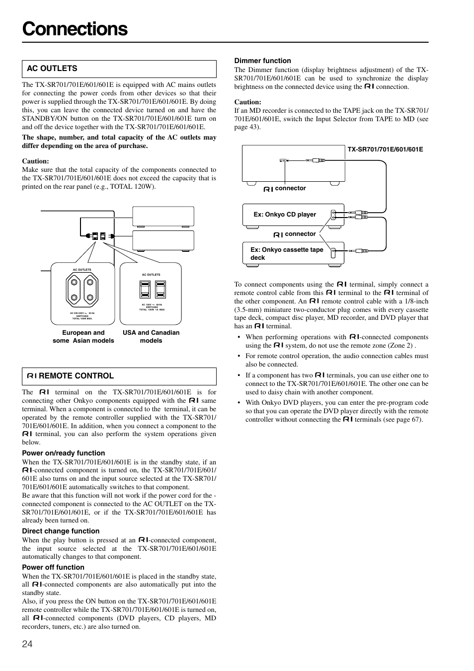 Rear panel ac plugs, Connections | Onkyo TX-SR601E User Manual | Page 24 / 88