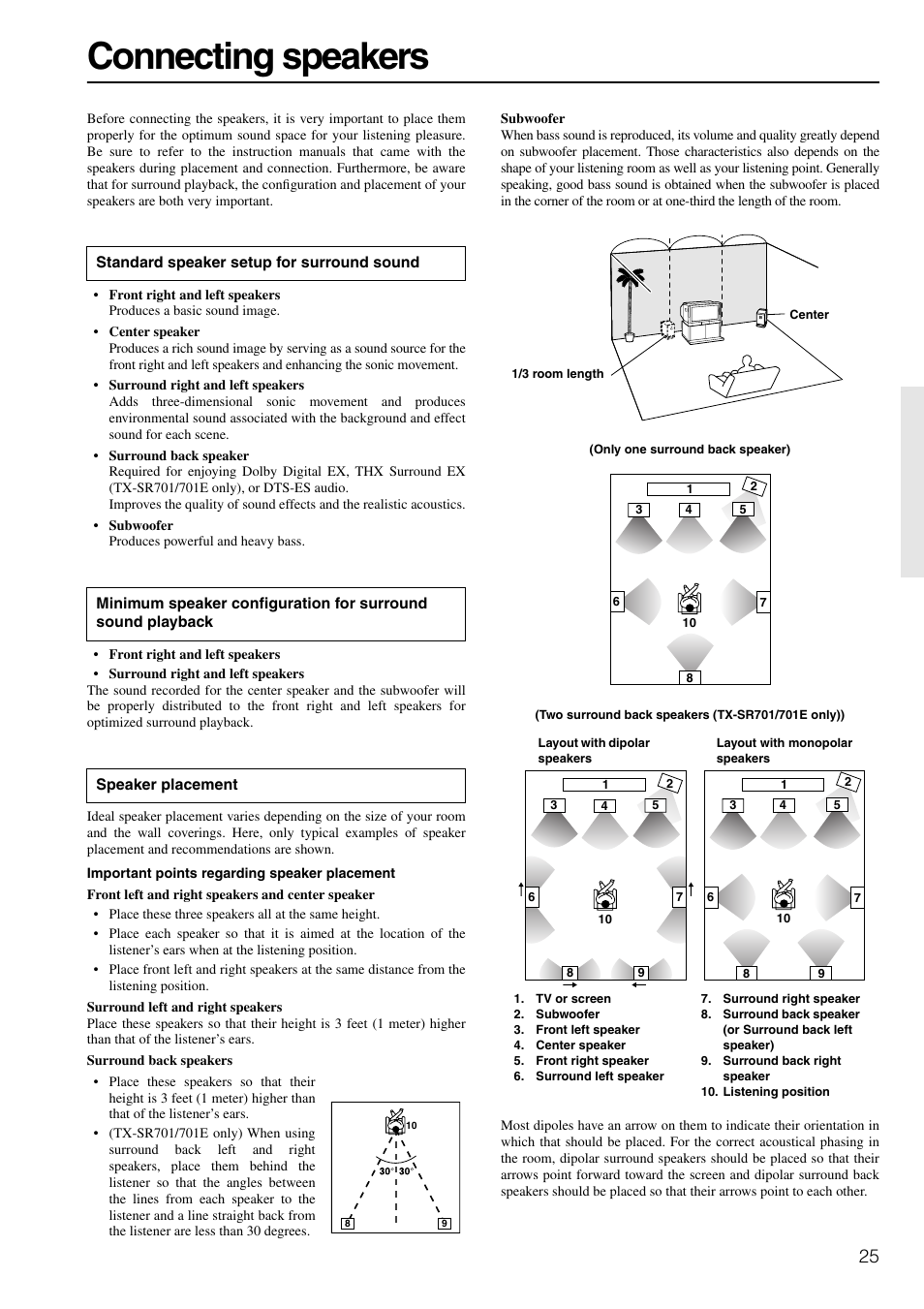 Speaker connection, Connecting speakers | Onkyo TX-SR601E User Manual | Page 25 / 88