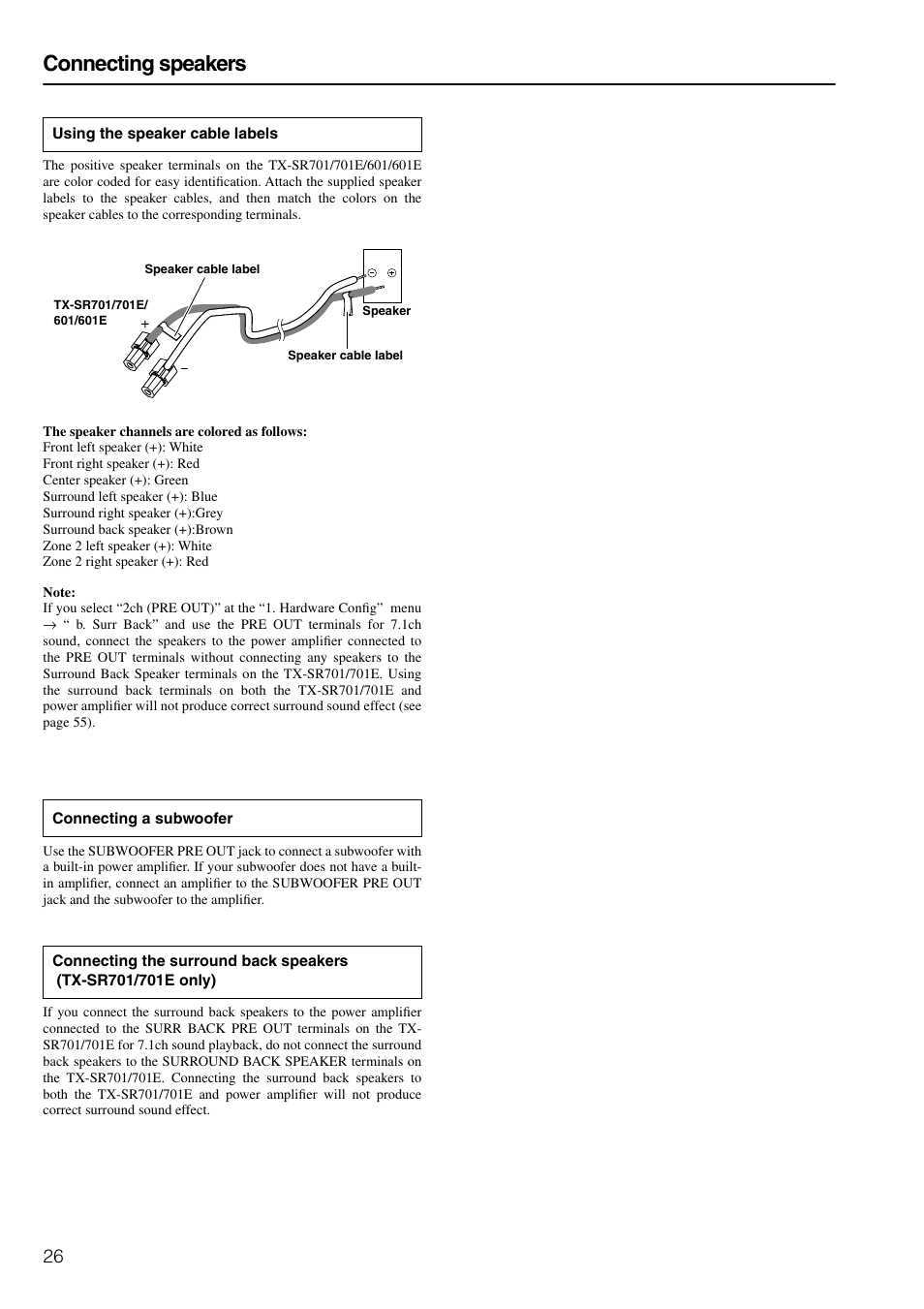 Subwoofer connection, Surround back speakers (txsr701), Connecting speakers | Onkyo TX-SR601E User Manual | Page 26 / 88