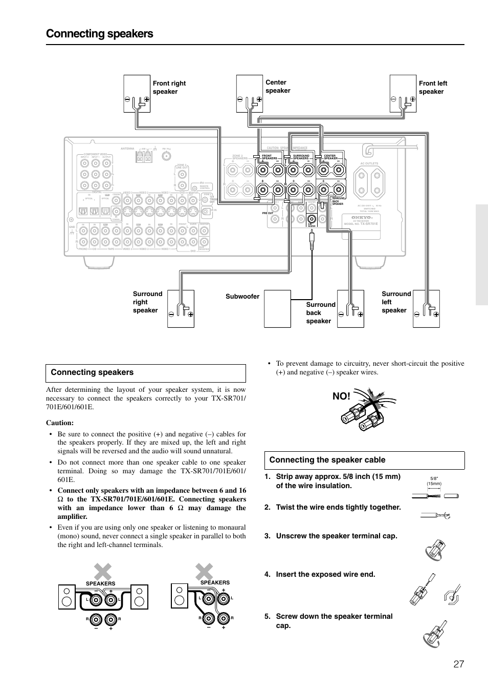 Connecting speakers, Connecting the speaker cable | Onkyo TX-SR601E User Manual | Page 27 / 88