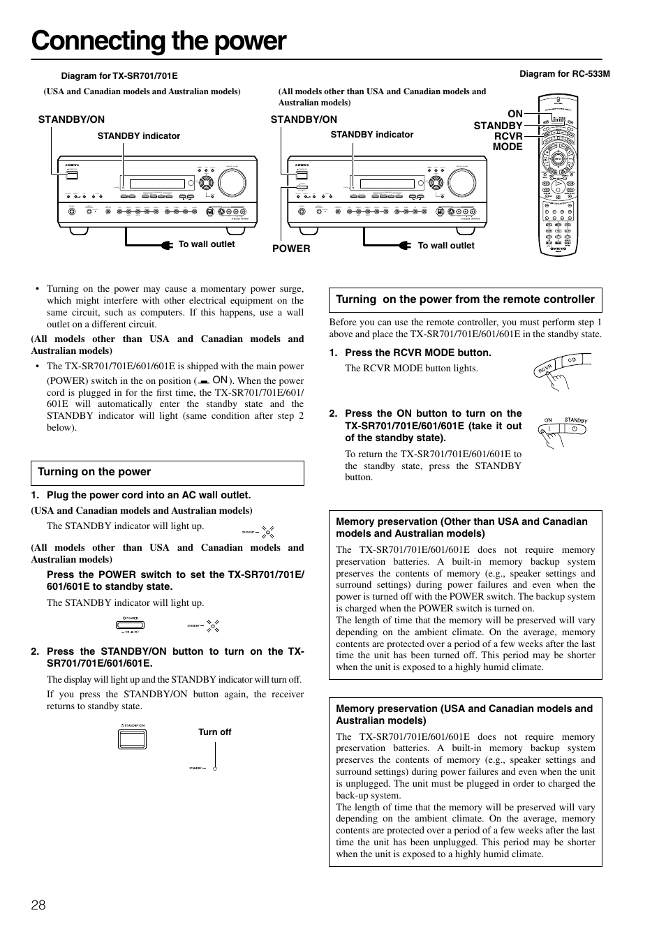 Power, Connecting the power | Onkyo TX-SR601E User Manual | Page 28 / 88