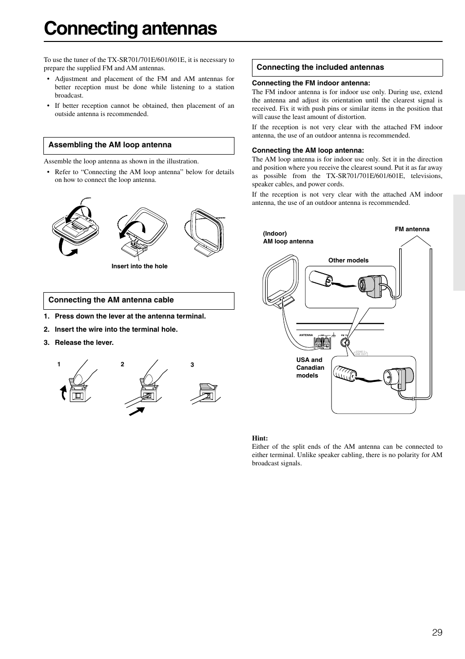 Antennas, Connecting antennas | Onkyo TX-SR601E User Manual | Page 29 / 88
