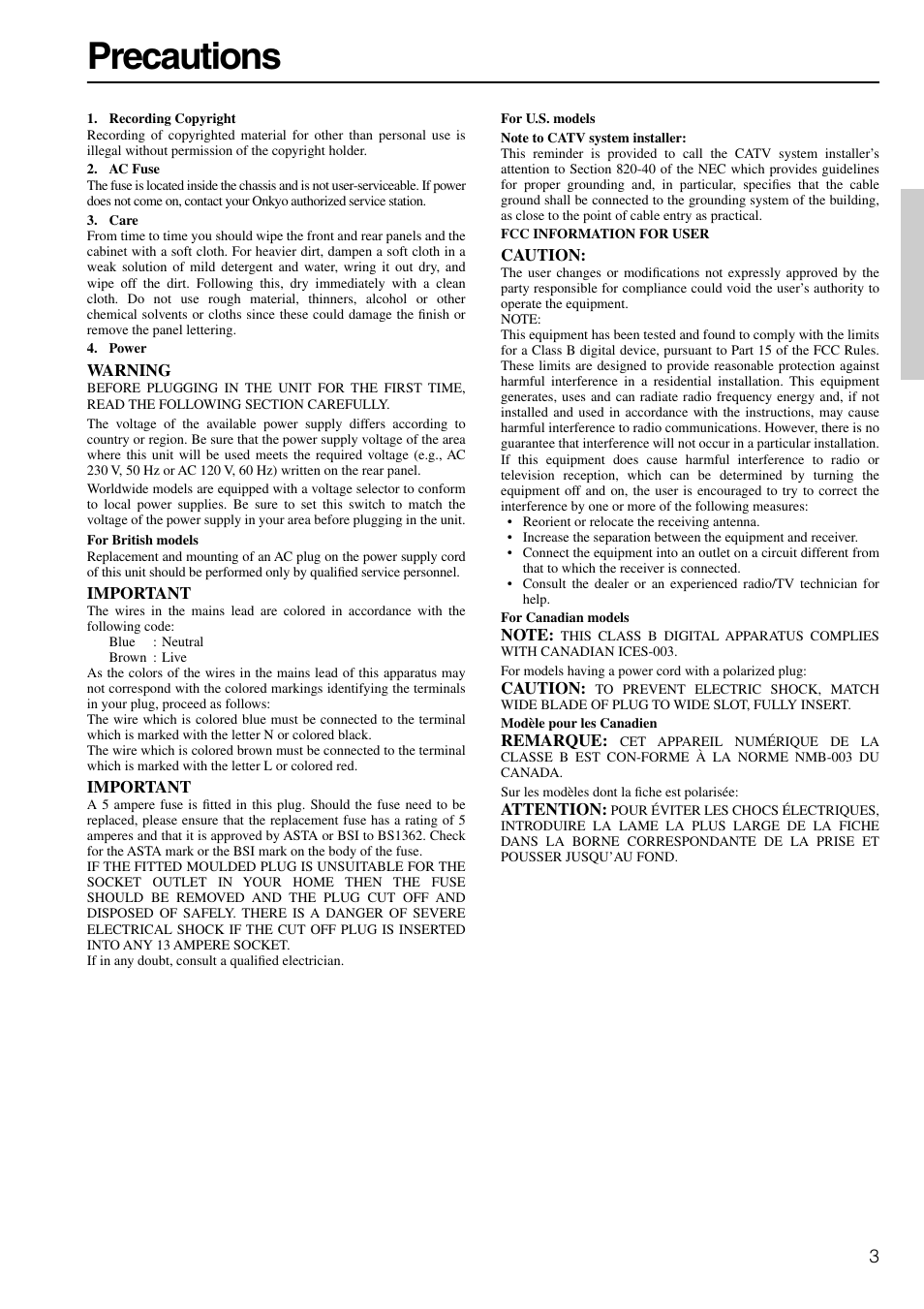 Precautions | Onkyo TX-SR601E User Manual | Page 3 / 88