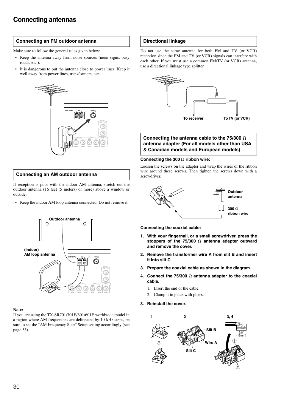 Connecting antennas | Onkyo TX-SR601E User Manual | Page 30 / 88