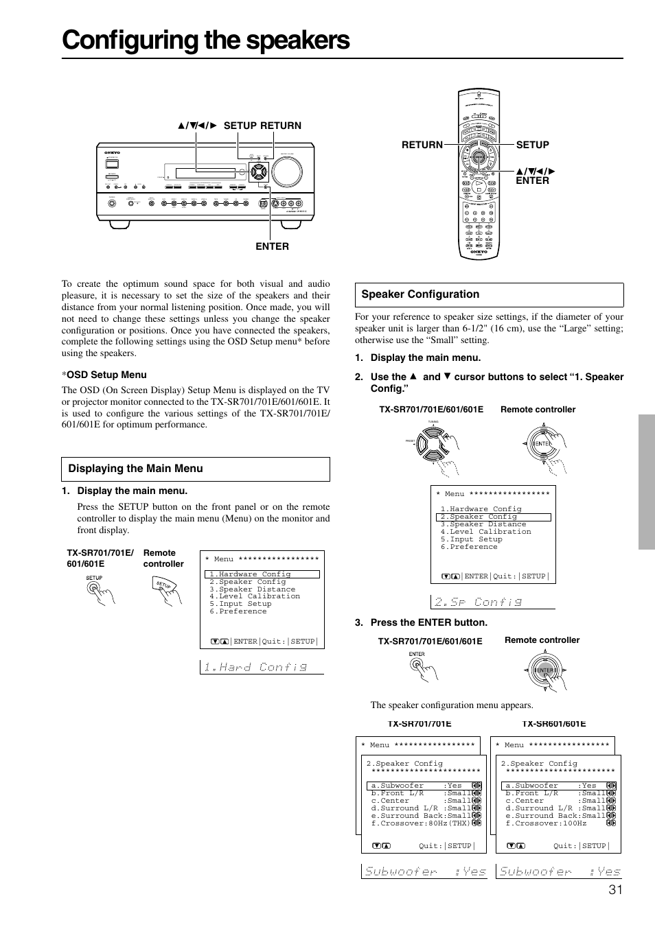 Setup & operation, Displaying main menu, Speaker setup | Configuring the speakers, Displaying the main menu, Speaker configuration | Onkyo TX-SR601E User Manual | Page 31 / 88