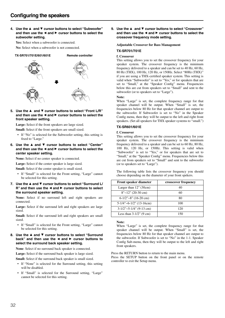 Configuring the speakers | Onkyo TX-SR601E User Manual | Page 32 / 88