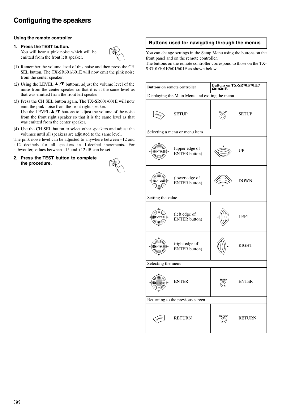 Buttons used to navigate menu, Configuring the speakers | Onkyo TX-SR601E User Manual | Page 36 / 88