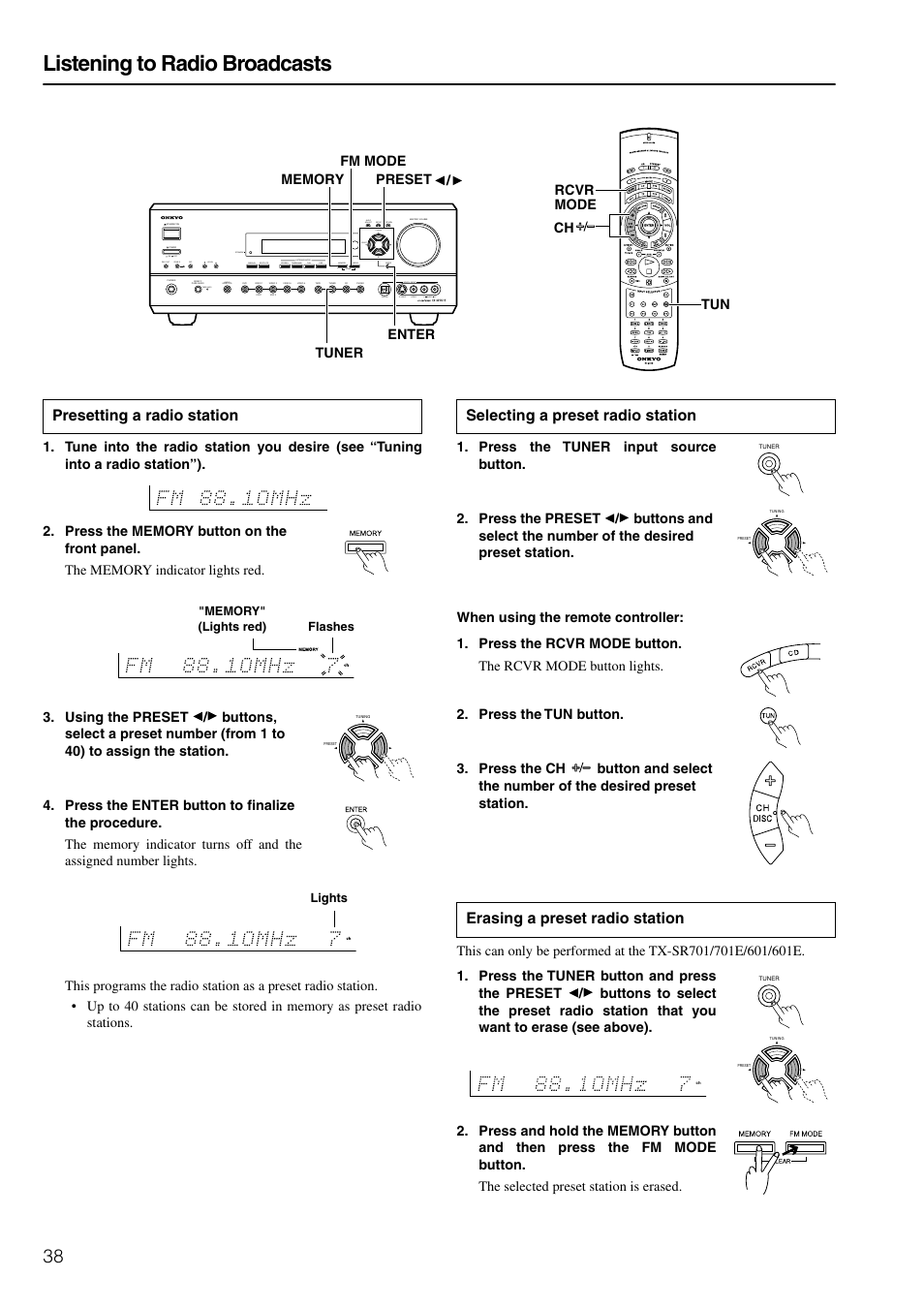 Listening to radio broadcasts, Presetting a radio station | Onkyo TX-SR601E User Manual | Page 38 / 88