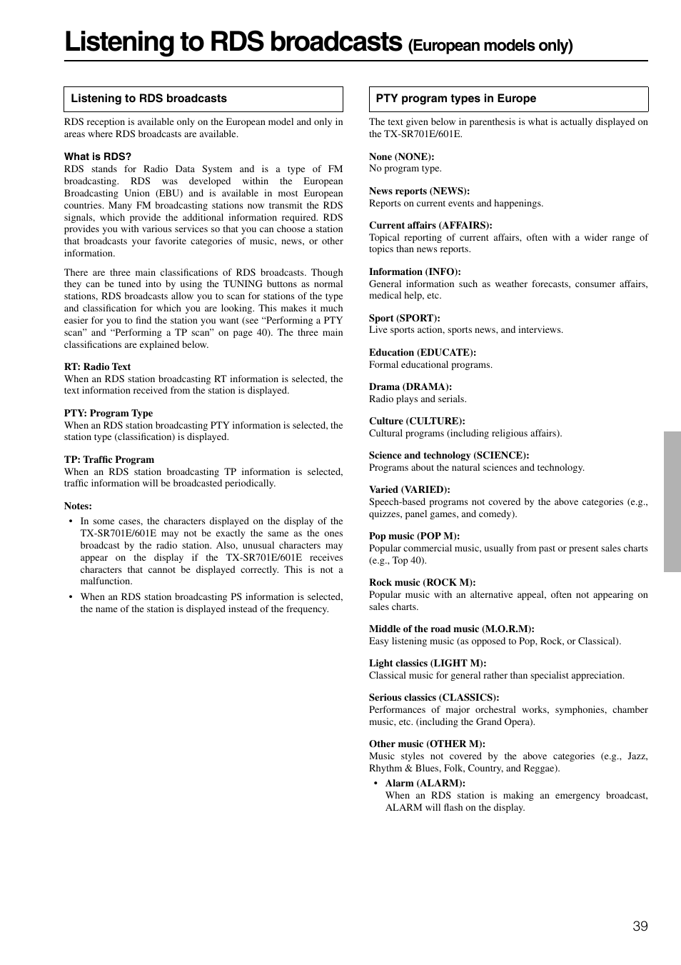 Listening to rds broadcasts, European models only) | Onkyo TX-SR601E User Manual | Page 39 / 88