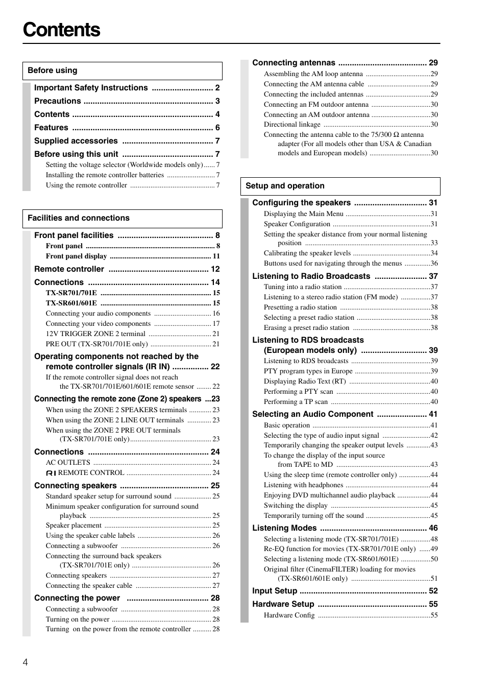 Onkyo TX-SR601E User Manual | Page 4 / 88