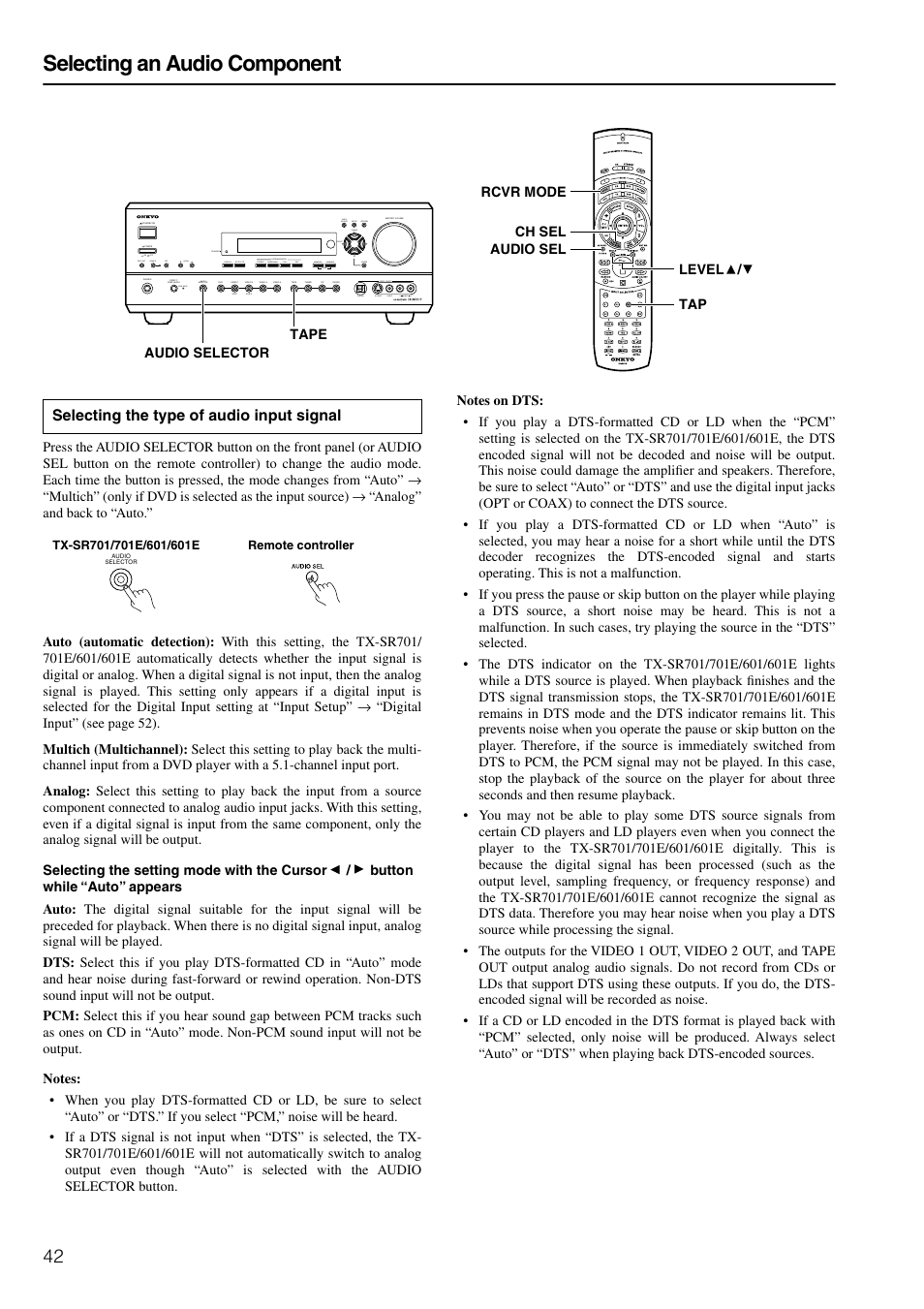 Input signal type, Selecting an audio component, Selecting the type of audio input signal | Onkyo TX-SR601E User Manual | Page 42 / 88