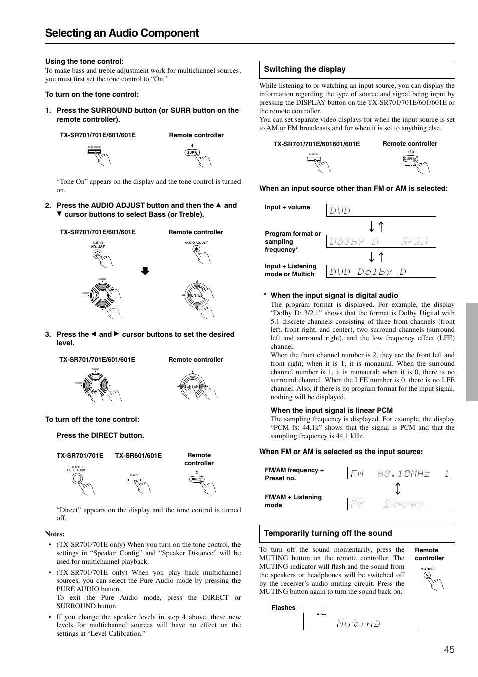 Switching the display, Selecting an audio component | Onkyo TX-SR601E User Manual | Page 45 / 88