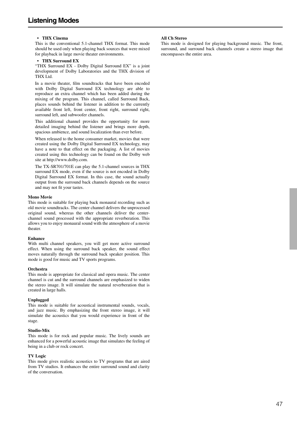 Listening modes | Onkyo TX-SR601E User Manual | Page 47 / 88