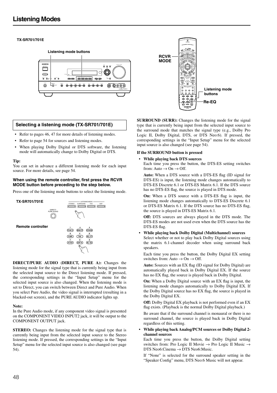 Listening modes | Onkyo TX-SR601E User Manual | Page 48 / 88