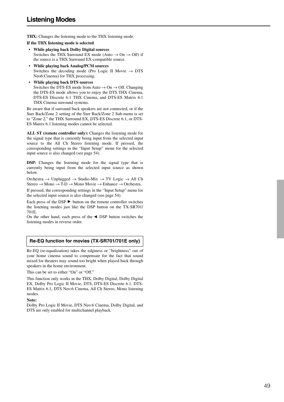 Listening modes | Onkyo TX-SR601E User Manual | Page 49 / 88