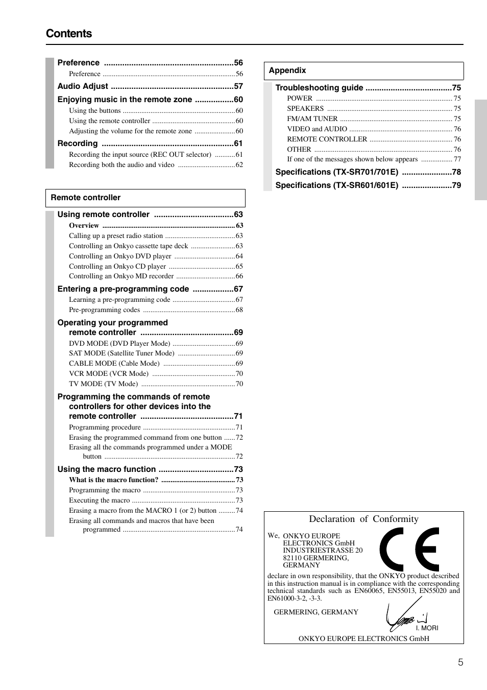 Onkyo TX-SR601E User Manual | Page 5 / 88