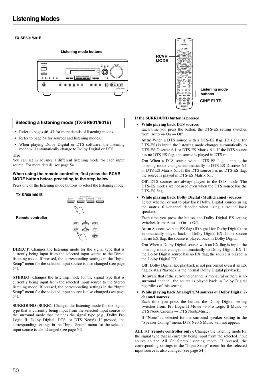 Listening modes | Onkyo TX-SR601E User Manual | Page 50 / 88