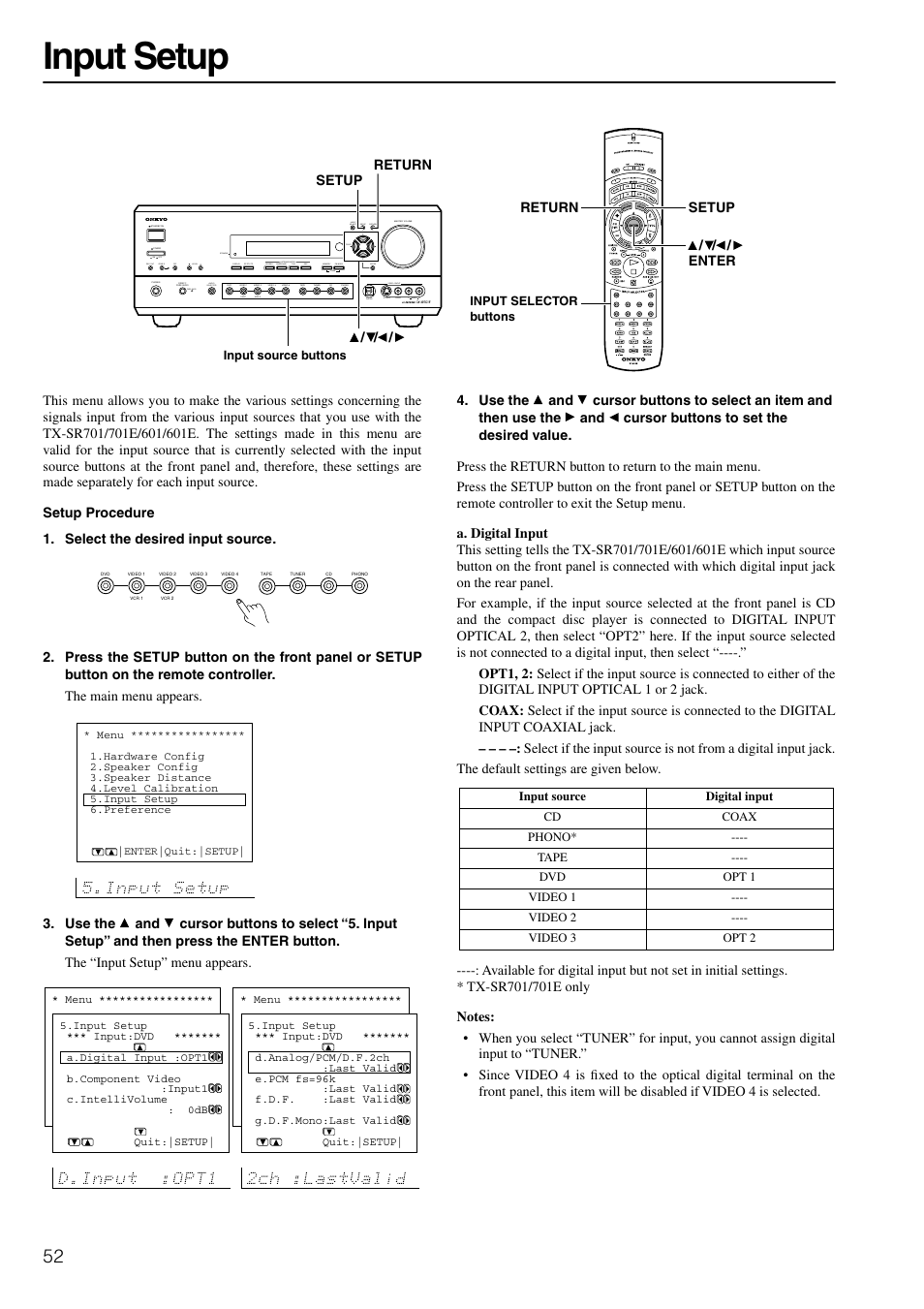 Input setup | Onkyo TX-SR601E User Manual | Page 52 / 88