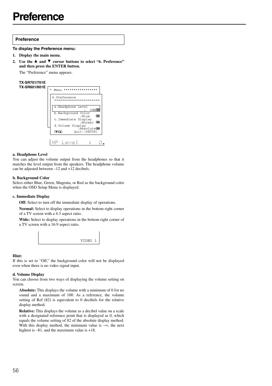 Preference menu, Preference | Onkyo TX-SR601E User Manual | Page 56 / 88