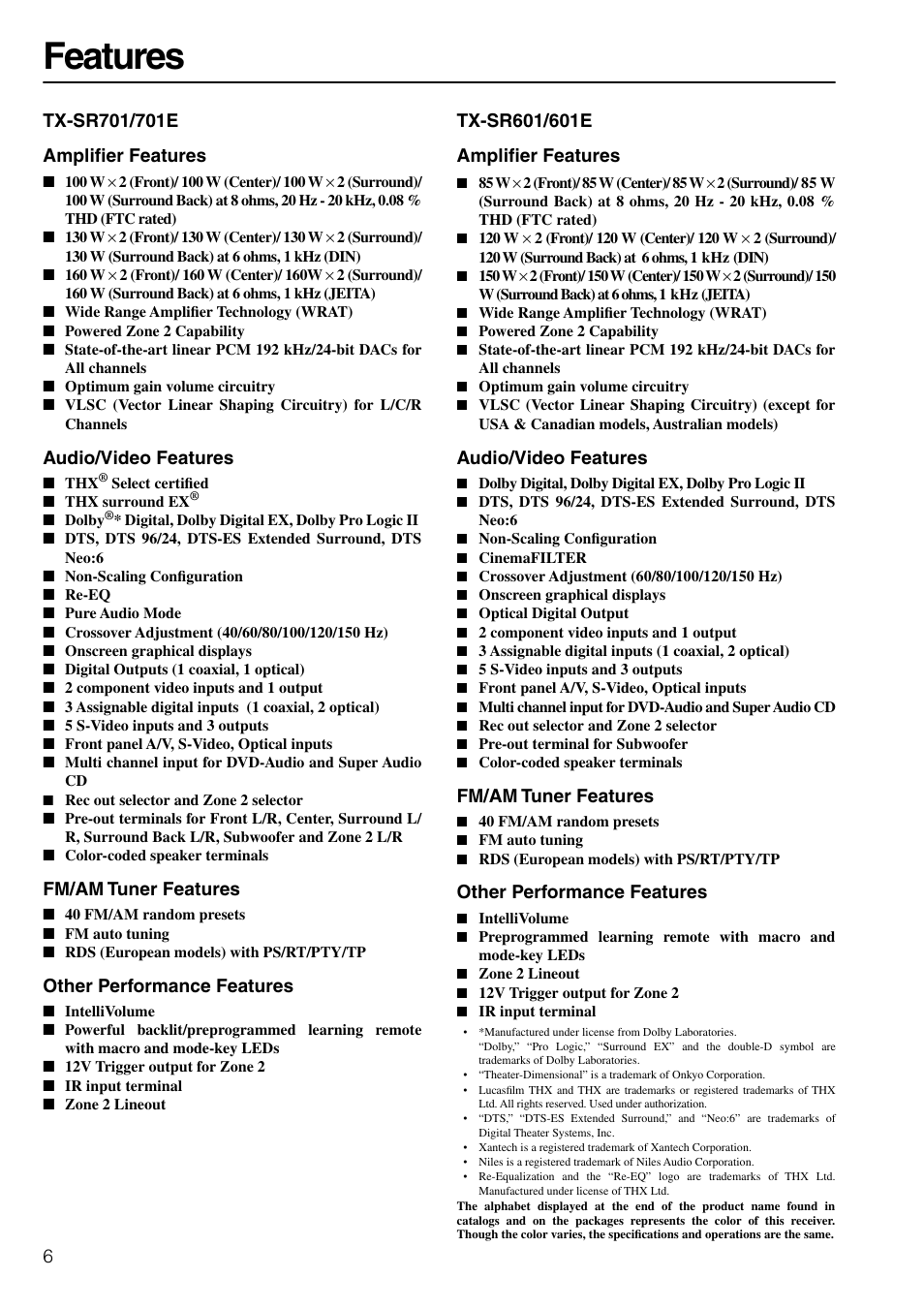 Features, Audio/video features, Fm/am tuner features | Other performance features | Onkyo TX-SR601E User Manual | Page 6 / 88