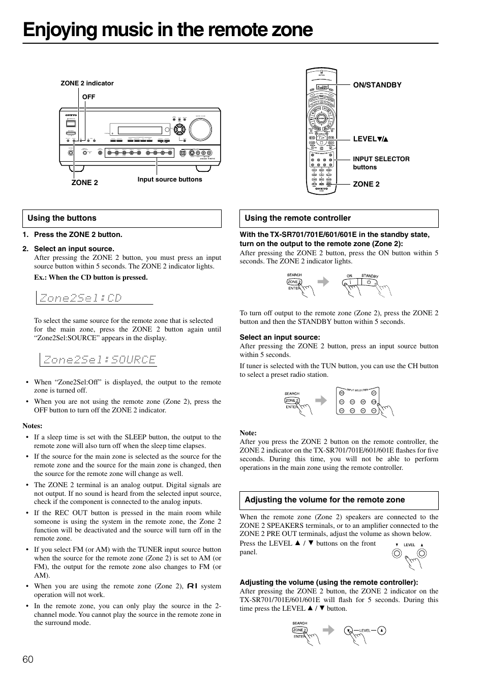 Using zone 2, Enjoying music in the remote zone, Using the buttons | Onkyo TX-SR601E User Manual | Page 60 / 88