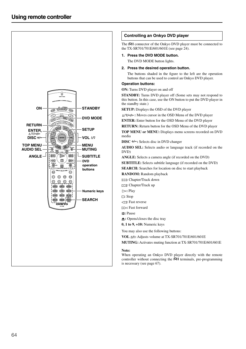Using remote controller | Onkyo TX-SR601E User Manual | Page 64 / 88