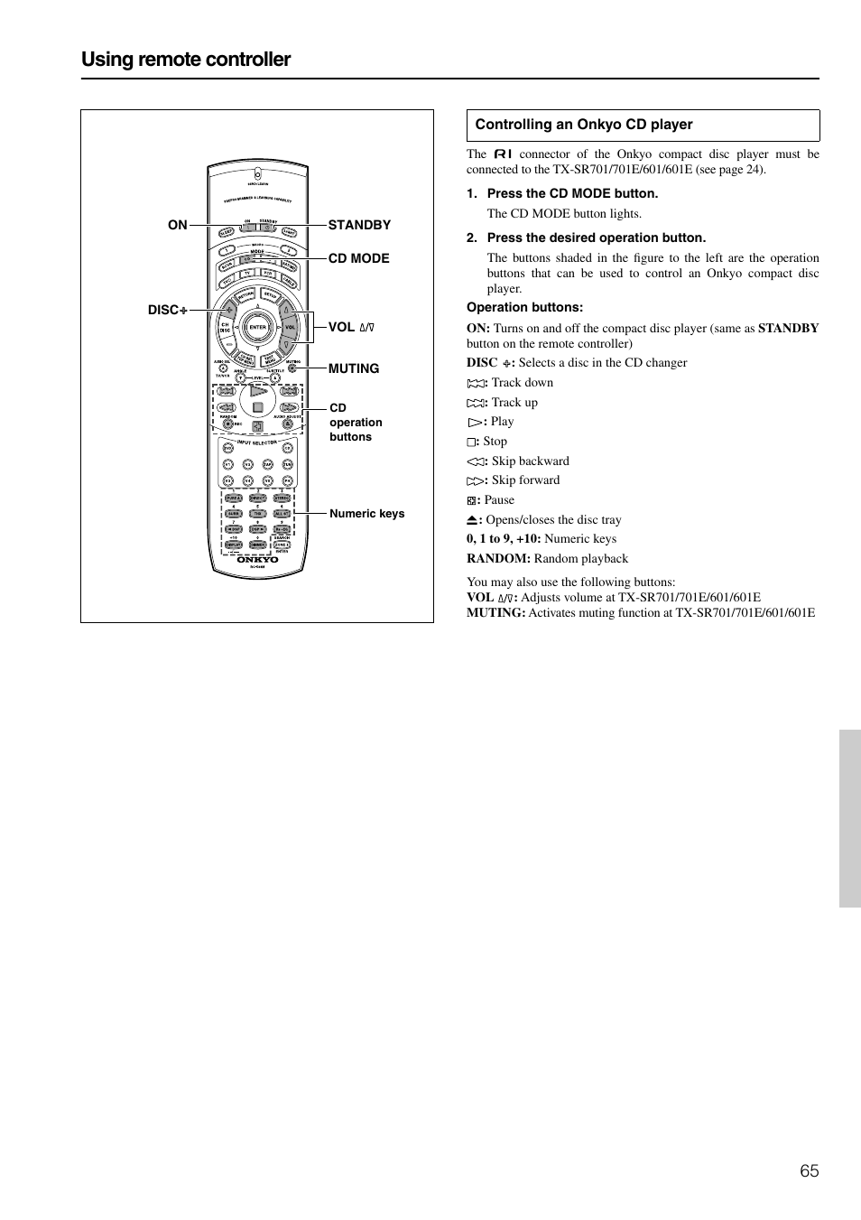 Using remote controller | Onkyo TX-SR601E User Manual | Page 65 / 88