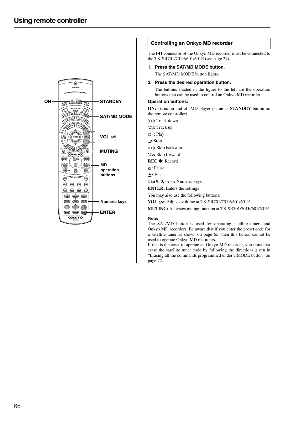 Using remote controller | Onkyo TX-SR601E User Manual | Page 66 / 88