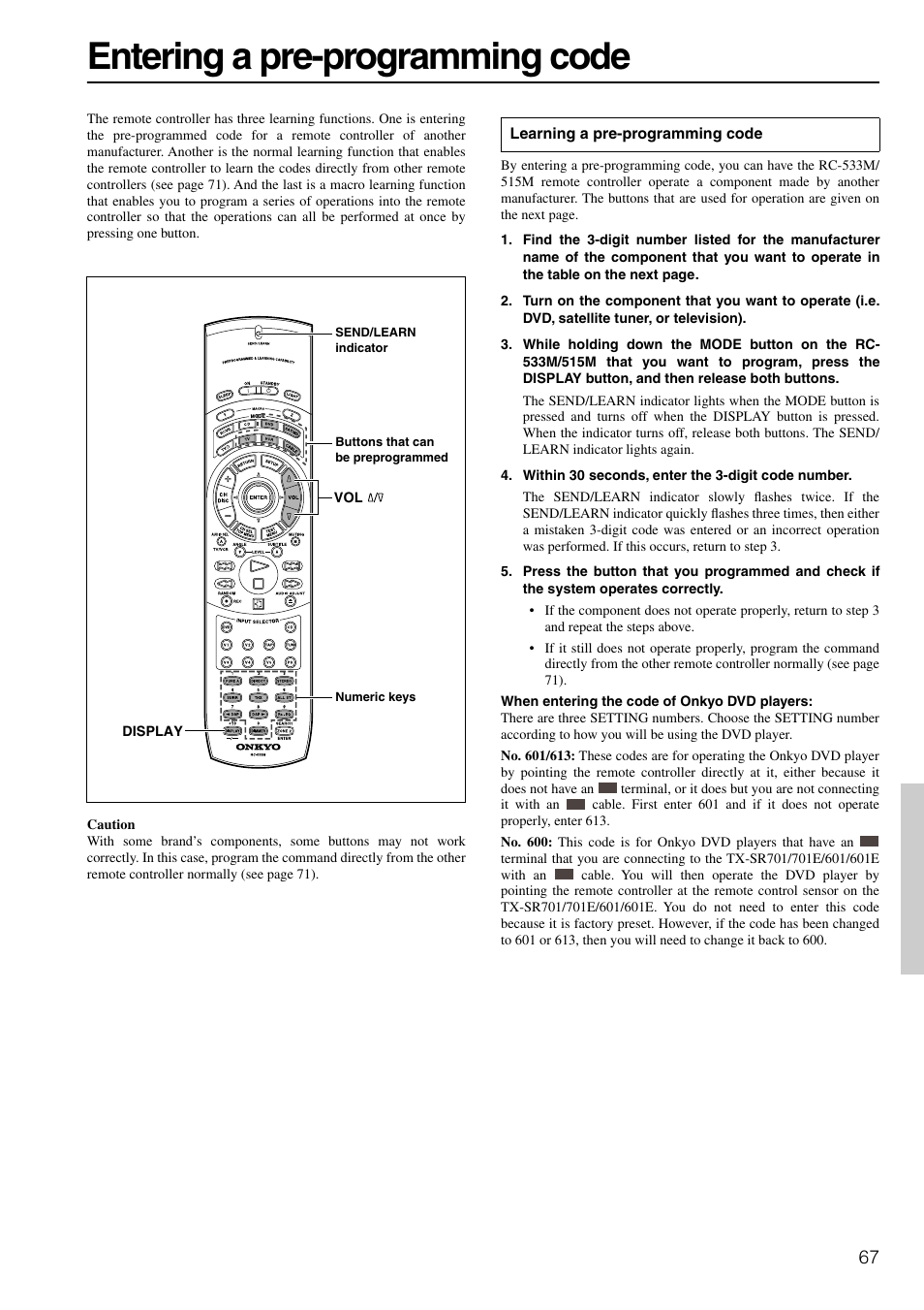 Entering codes, Entering a pre-programming code | Onkyo TX-SR601E User Manual | Page 67 / 88