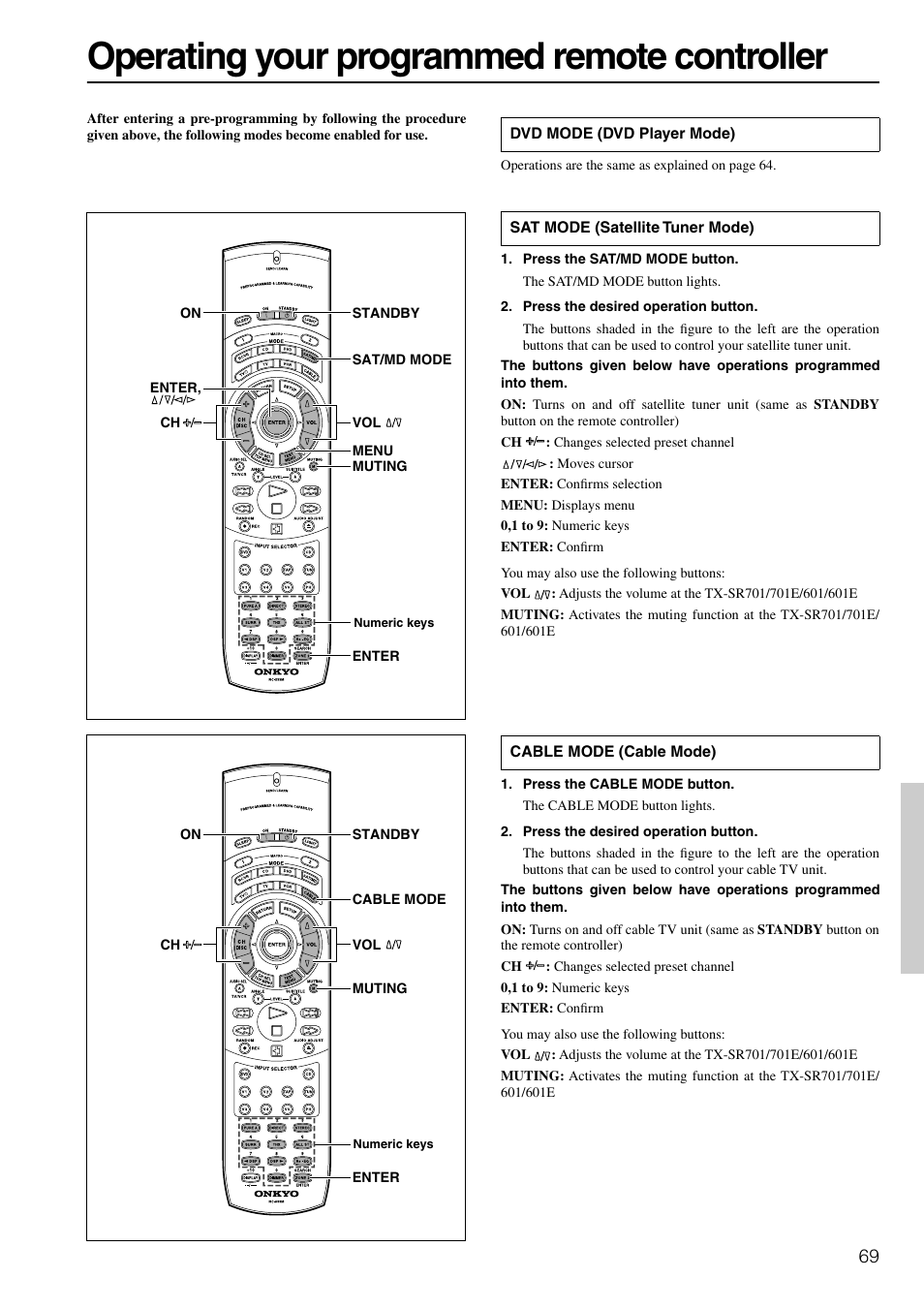 Operation after programming, Operating your programmed remote controller | Onkyo TX-SR601E User Manual | Page 69 / 88