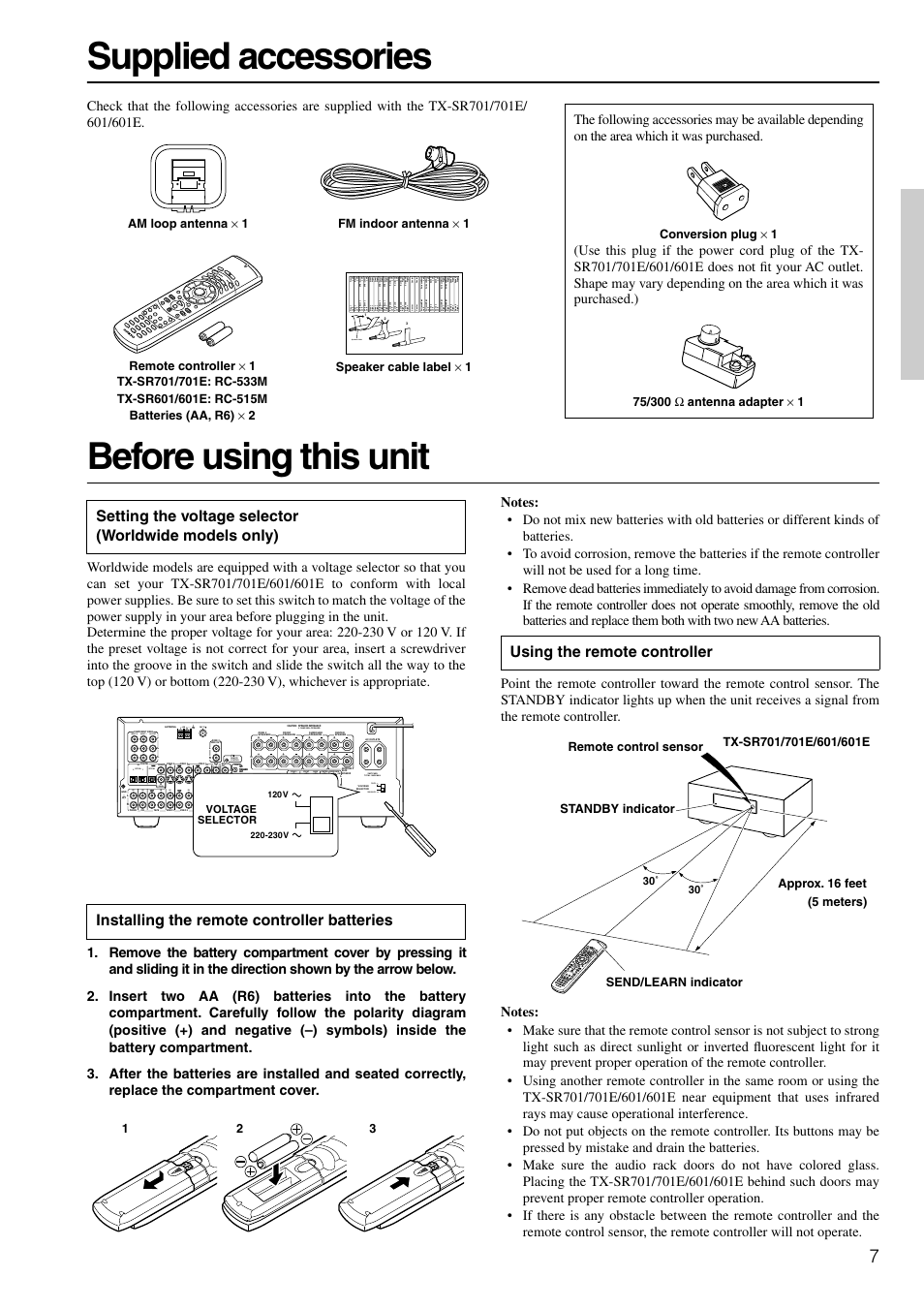 Supplied accessories, Before using this unit, Using the remote controller | Input 1 input 2 output, Optical in in in in in in out out out out out, Coaxial, Zone 2, Fm 75 am remote control, Av receiver, Front surr center surr back (sb) zone 2 sub woofer | Onkyo TX-SR601E User Manual | Page 7 / 88