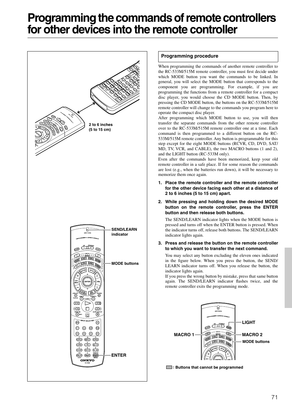 Learning commands, Programming procedure, Enter | Macro 1 macro 2 light, Send/learn indicator mode buttons, Buttons that cannot be programmed mode buttons | Onkyo TX-SR601E User Manual | Page 71 / 88