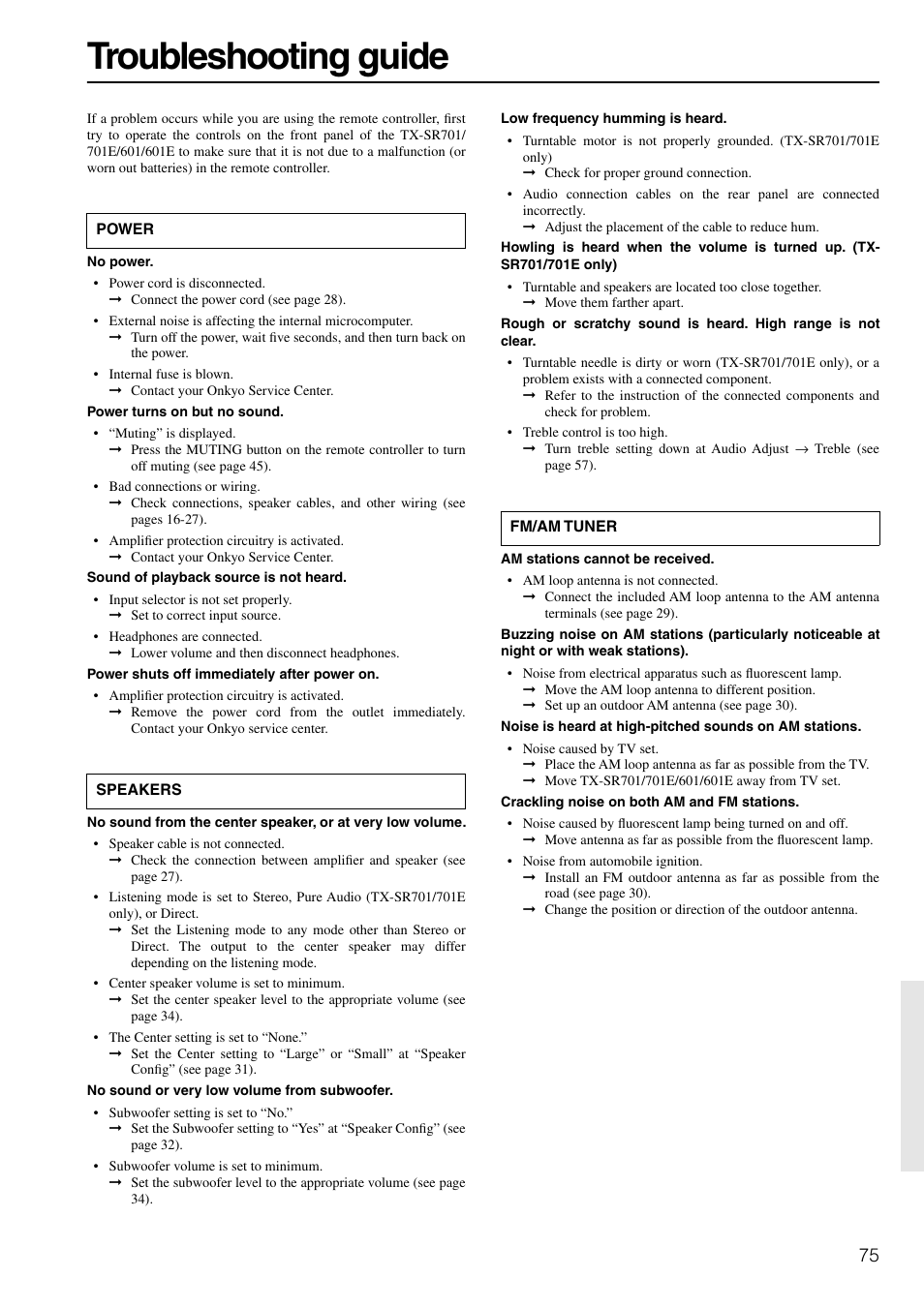 Troubleshooting, Troubleshooting guide | Onkyo TX-SR601E User Manual | Page 75 / 88