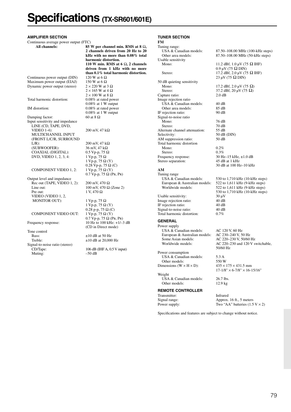 Txsr601, Specifications | Onkyo TX-SR601E User Manual | Page 79 / 88